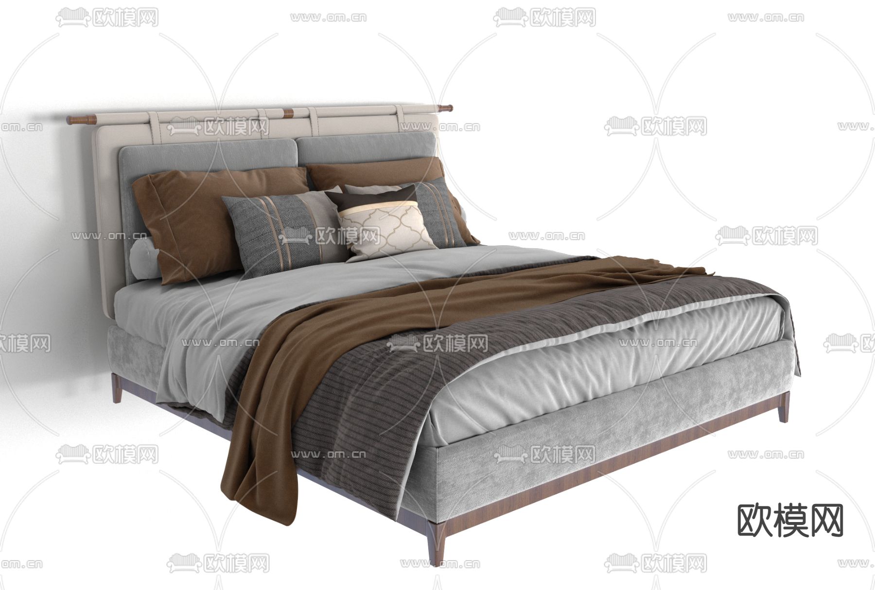 新中式布艺双人床免费3d模型下载