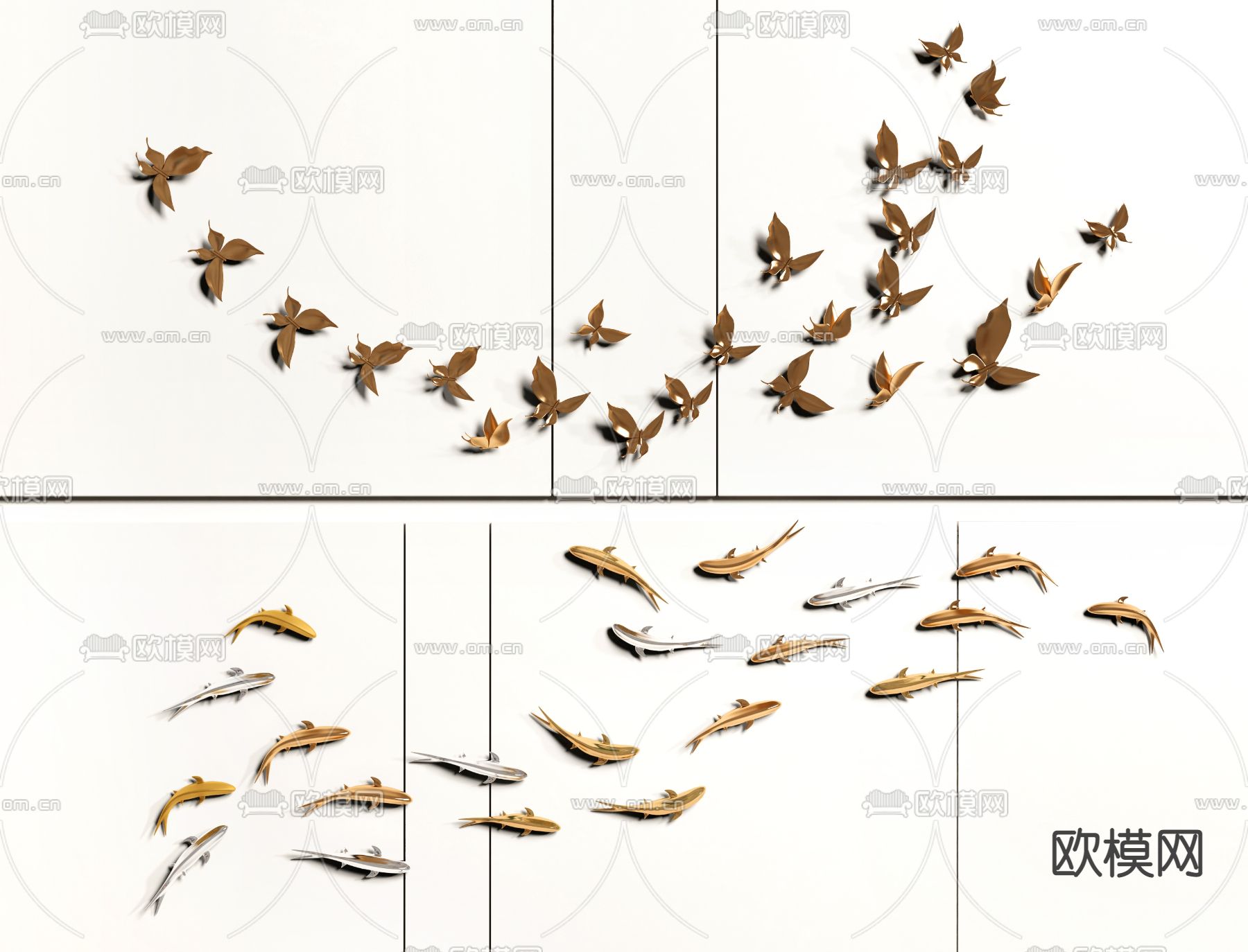 新中式游鱼蝴蝶墙饰挂件3d模型下载