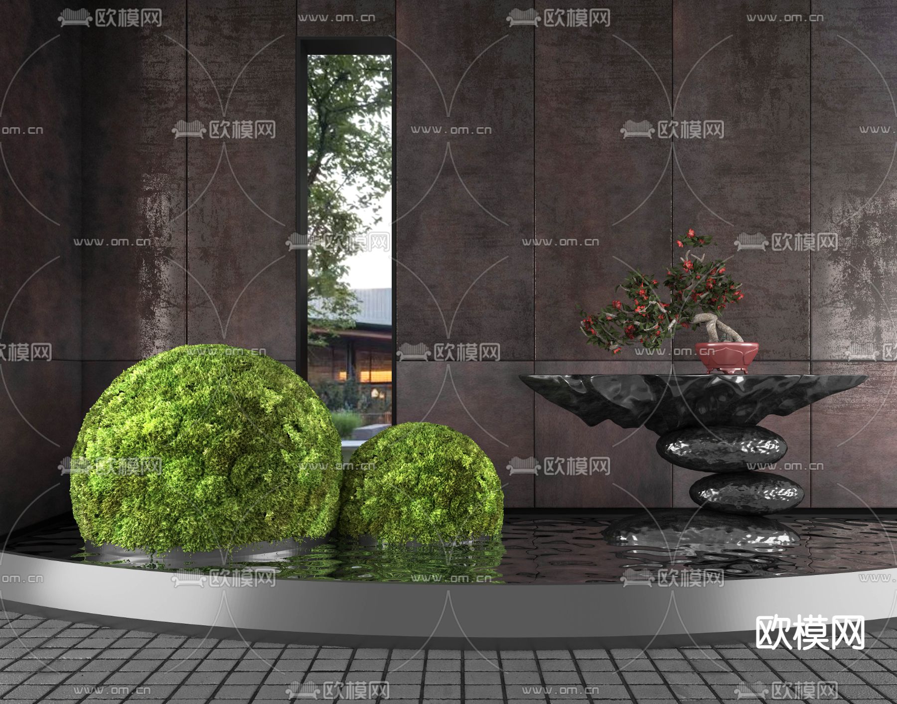 新中式苔藓室内景观园艺小品3d模型下载
