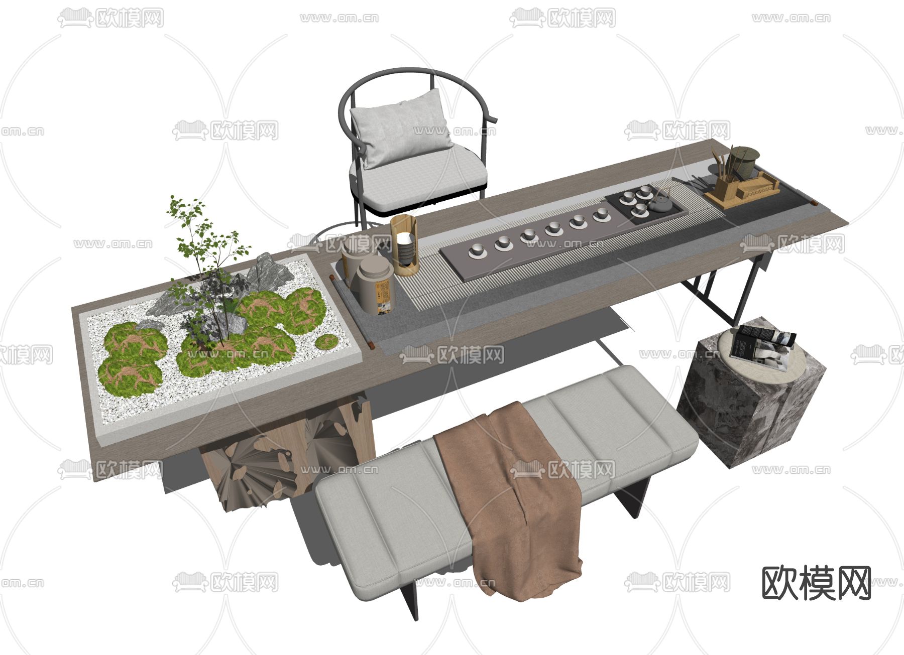 新中式茶桌椅su模型下载（渲染图2）
