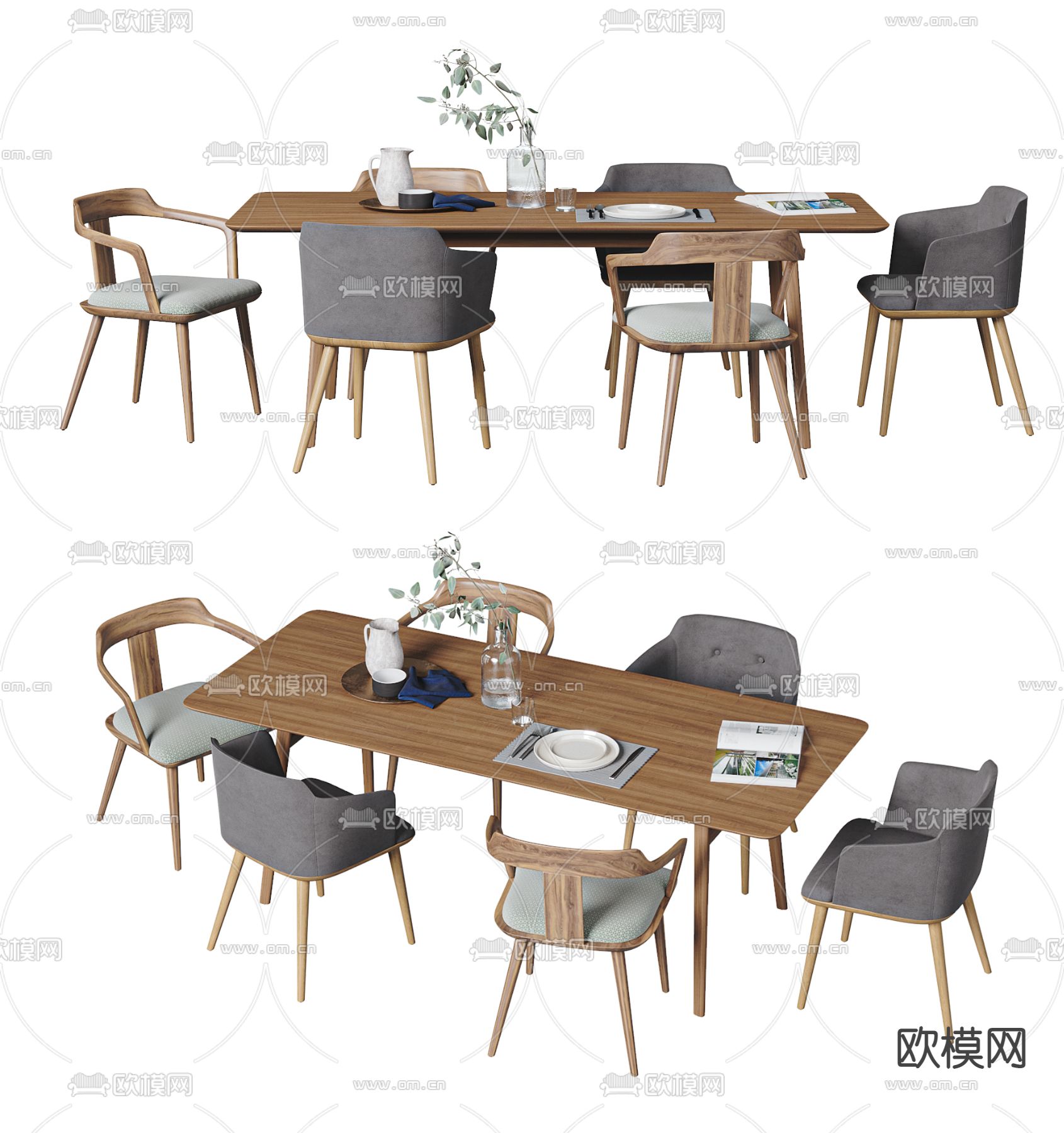 北欧原木餐桌椅3d模型下载