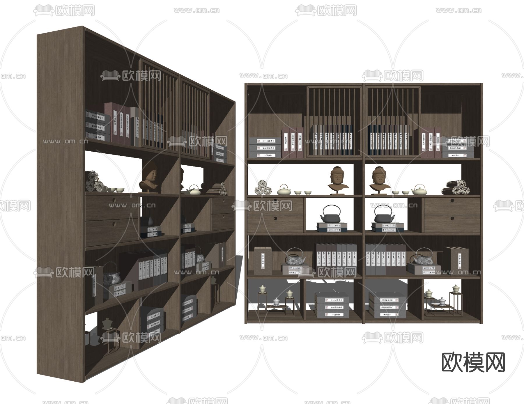 新中式实木书柜su模型下载（渲染图2）