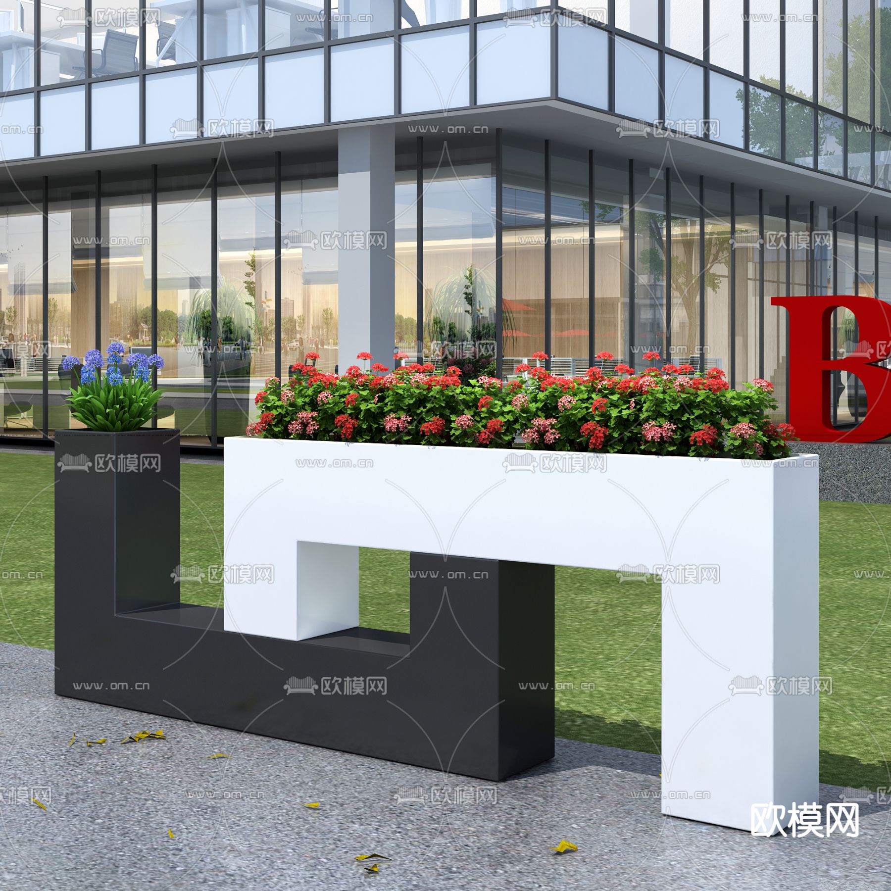 现代花箱植物盆景3d模型下载（渲染图2）