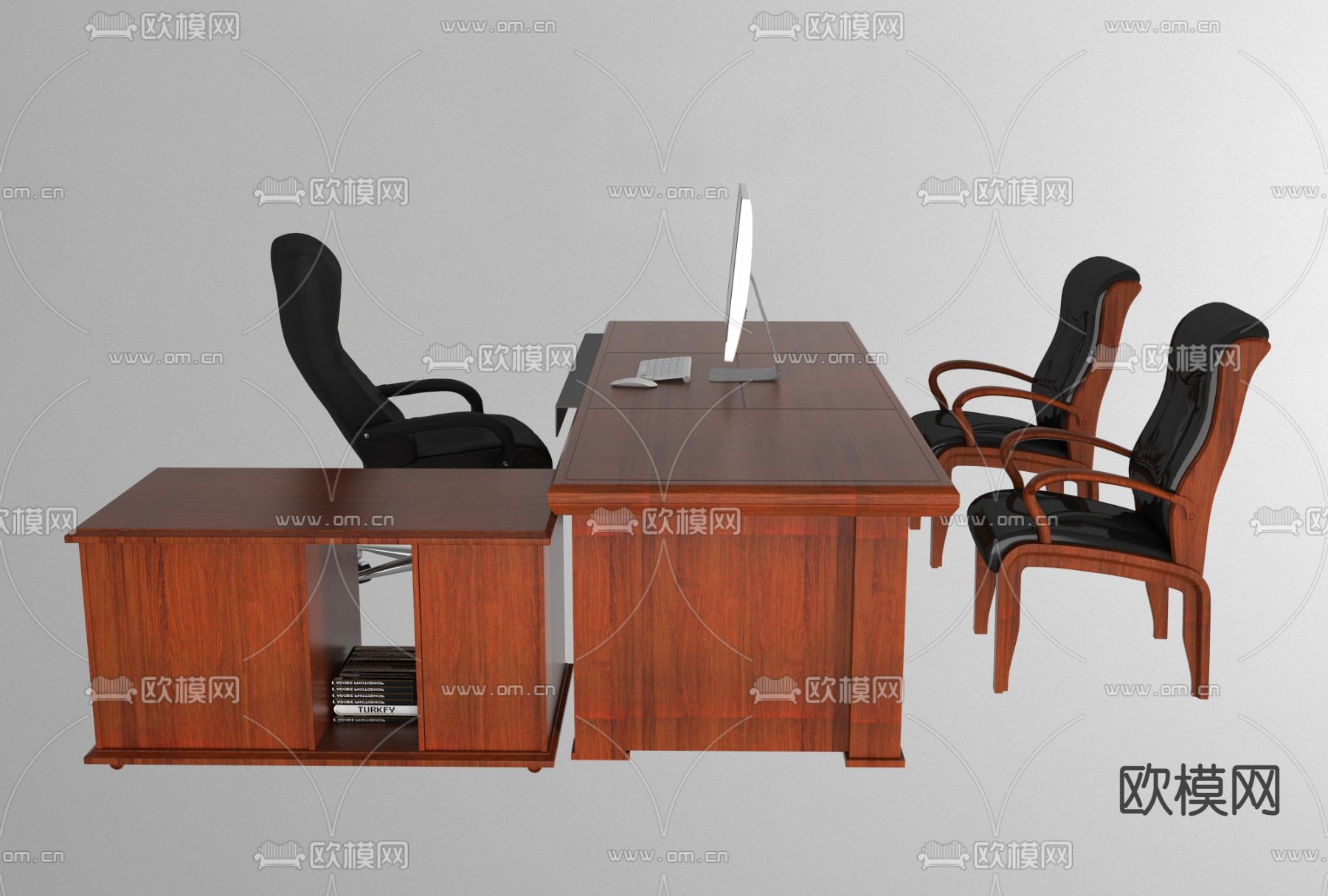 新中式实木班台桌椅免费3d模型下载