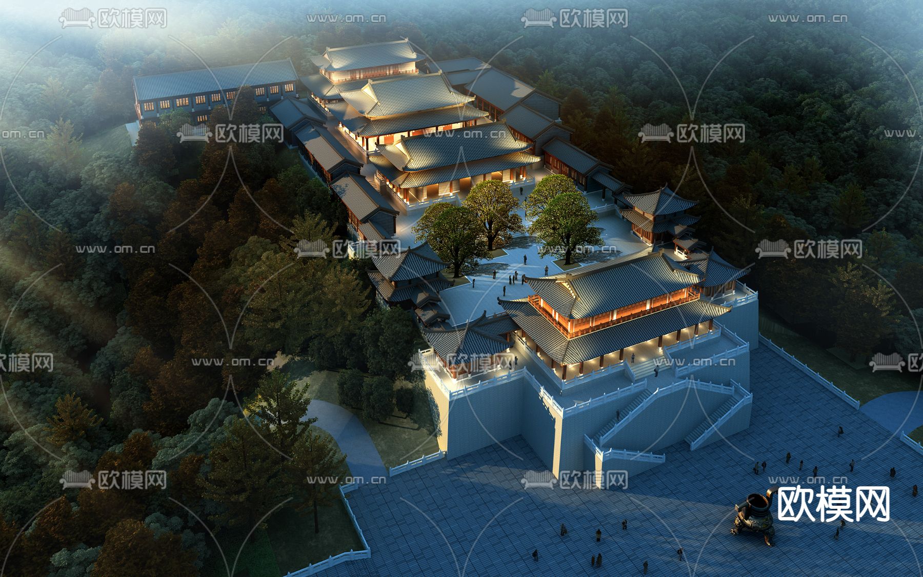 现代古建道观寺庙夜景鸟瞰3d模型