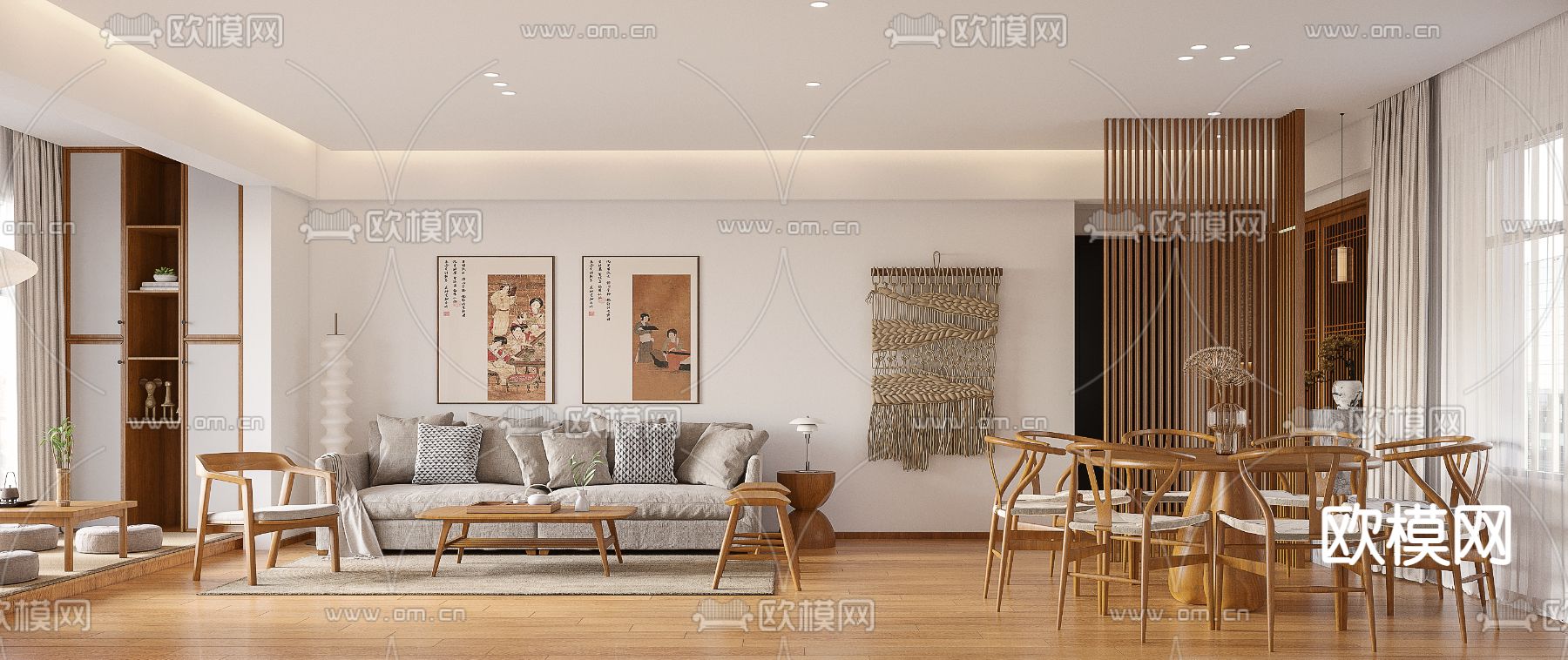 日式客厅餐厅3d模型下载（渲染图1）