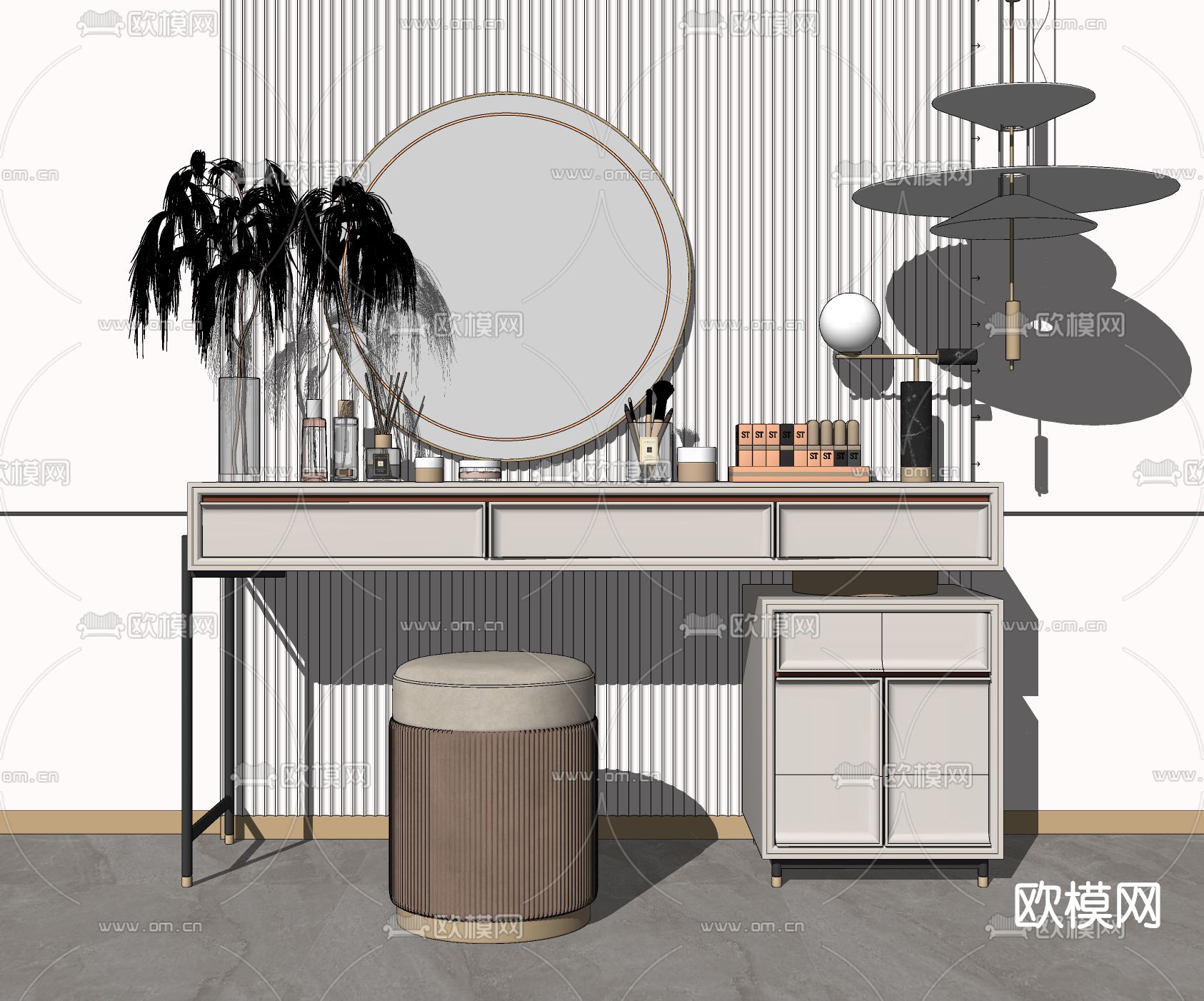 现代梳妆台su模型下载（渲染图2）