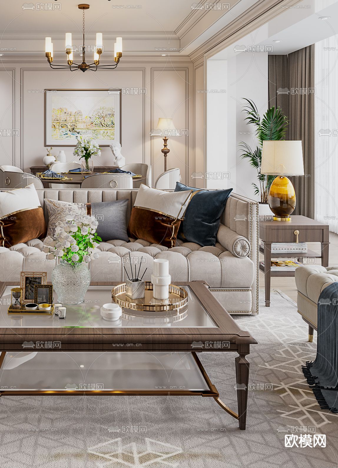 美式轻奢客厅餐厅3d模型下载（渲染图2）