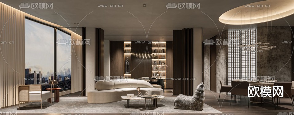 现代轻奢客厅餐厅3d模型下载(渲染图1)