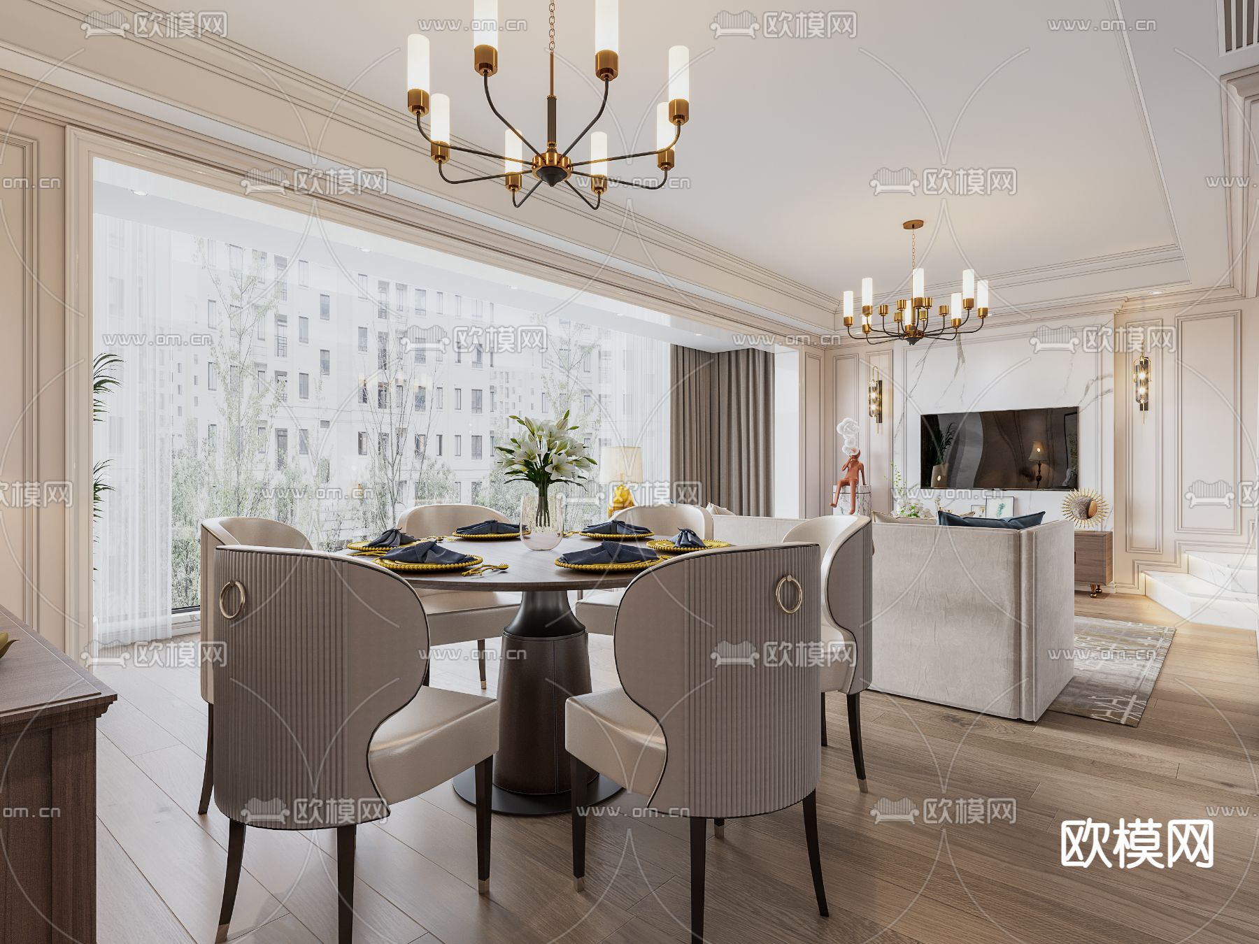 美式轻奢客厅餐厅3d模型下载（渲染图4）