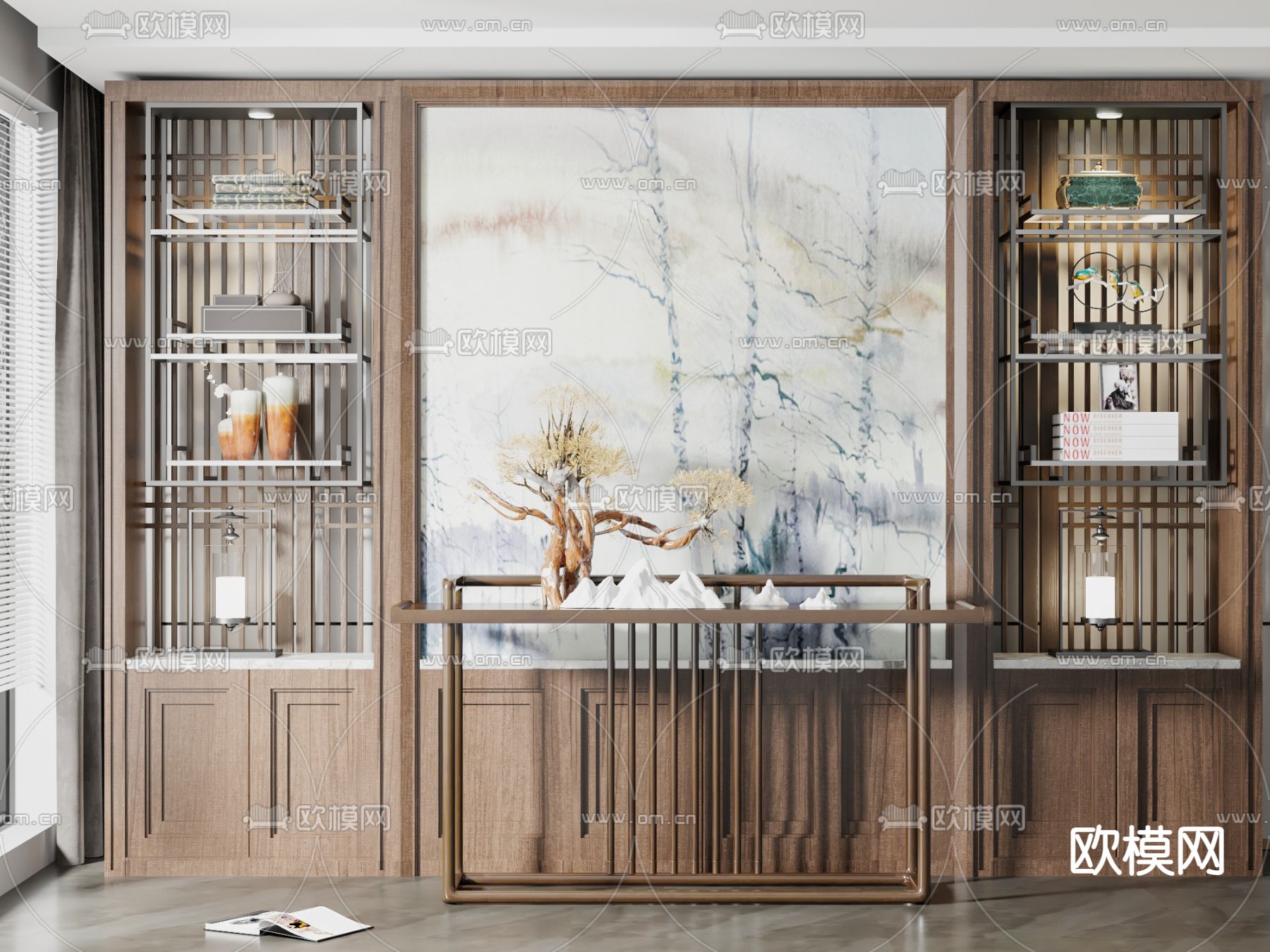 新中式实木玄关条案背景墙3d模型下载