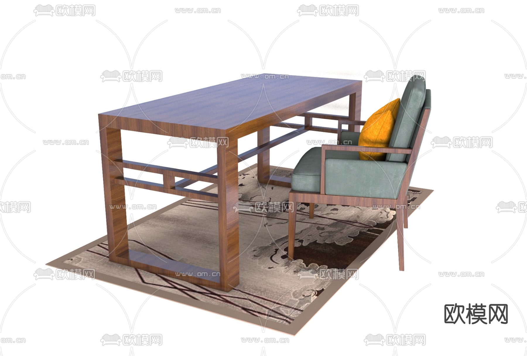 新中式实木书桌椅免费3d模型下载