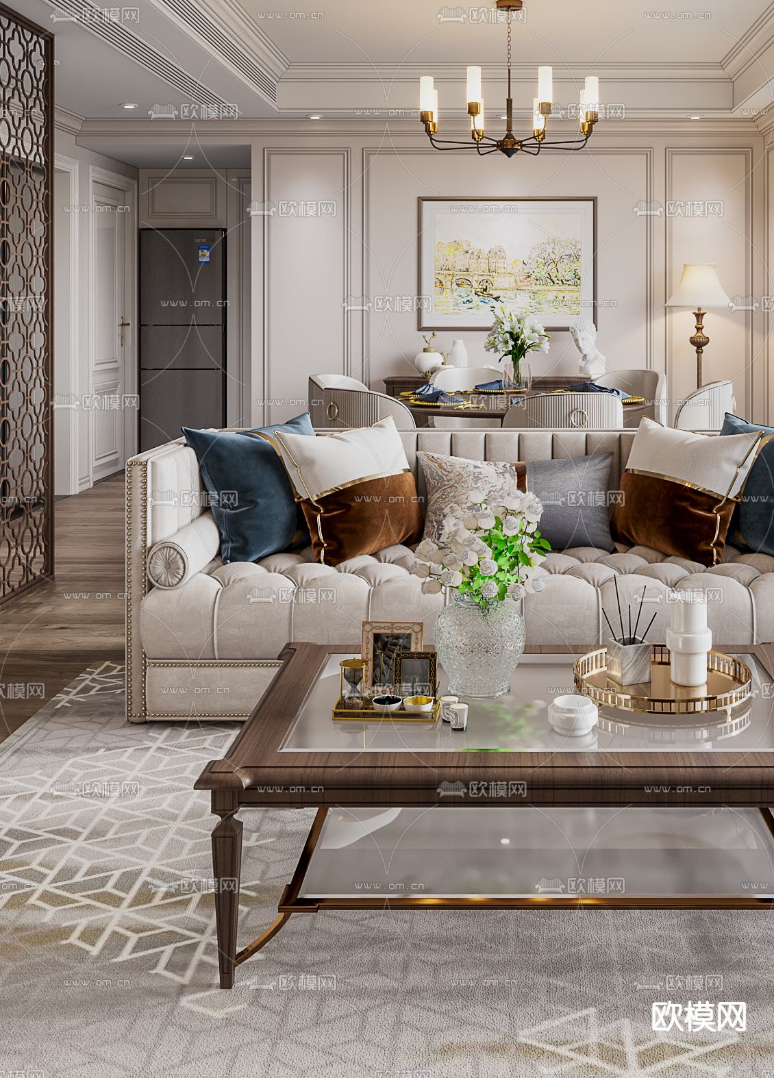 美式轻奢客厅餐厅3d模型下载（渲染图3）