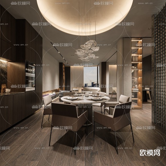 现代轻奢客厅餐厅3d模型下载(渲染图2)