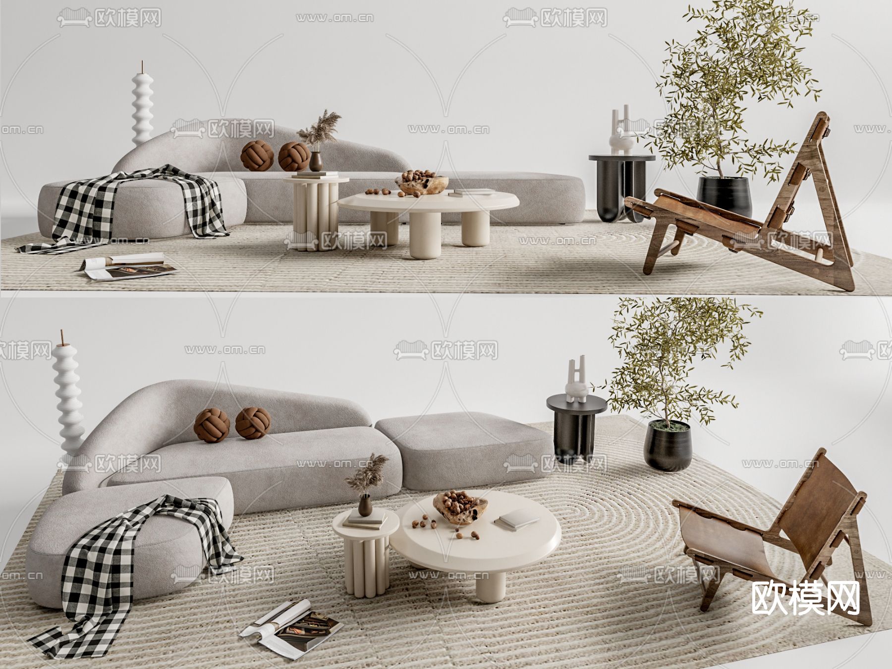 现代布艺沙发组合su模型下载（渲染图1）
