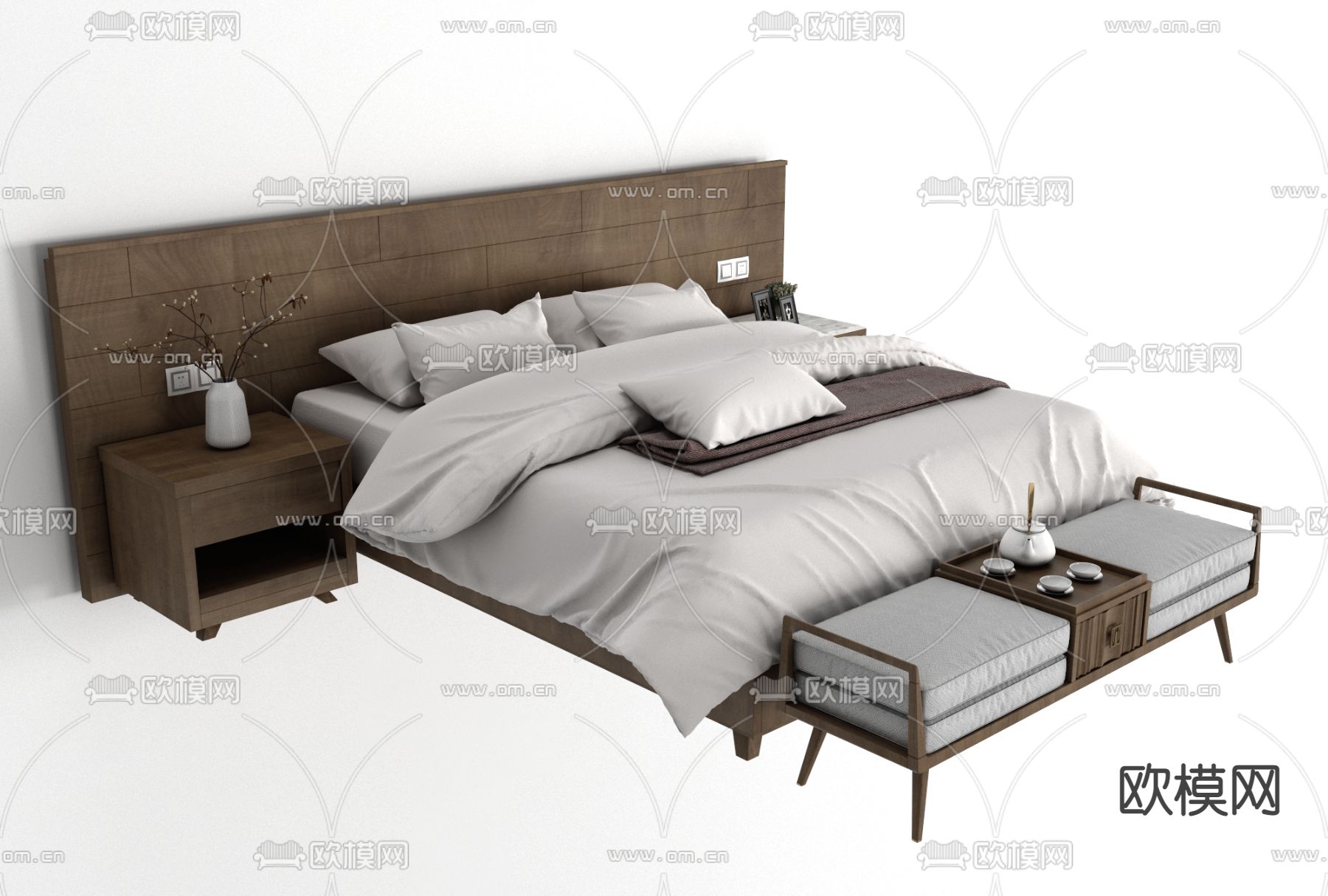 日式实木双人床免费3d模型下载