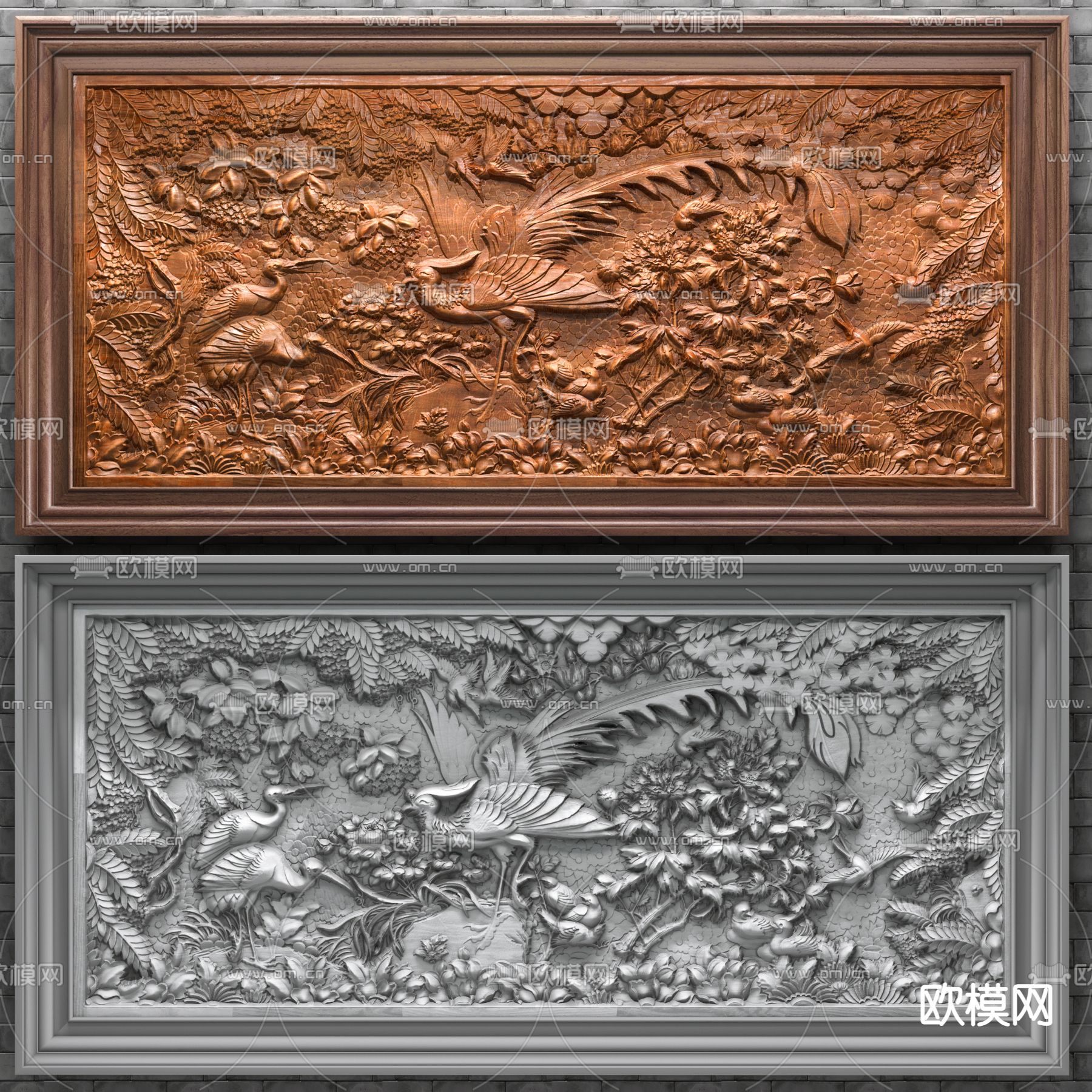 新中式百鸟朝凤浮雕木雕3d模型