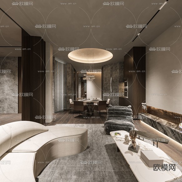 现代轻奢客厅餐厅3d模型下载(渲染图8)