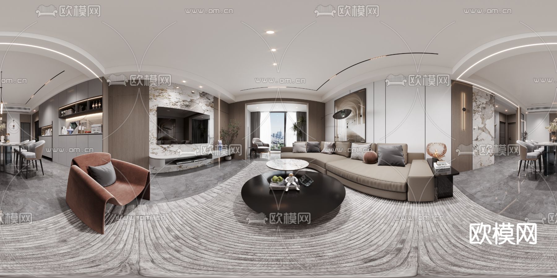 现代客厅餐厅cr全景3d模型