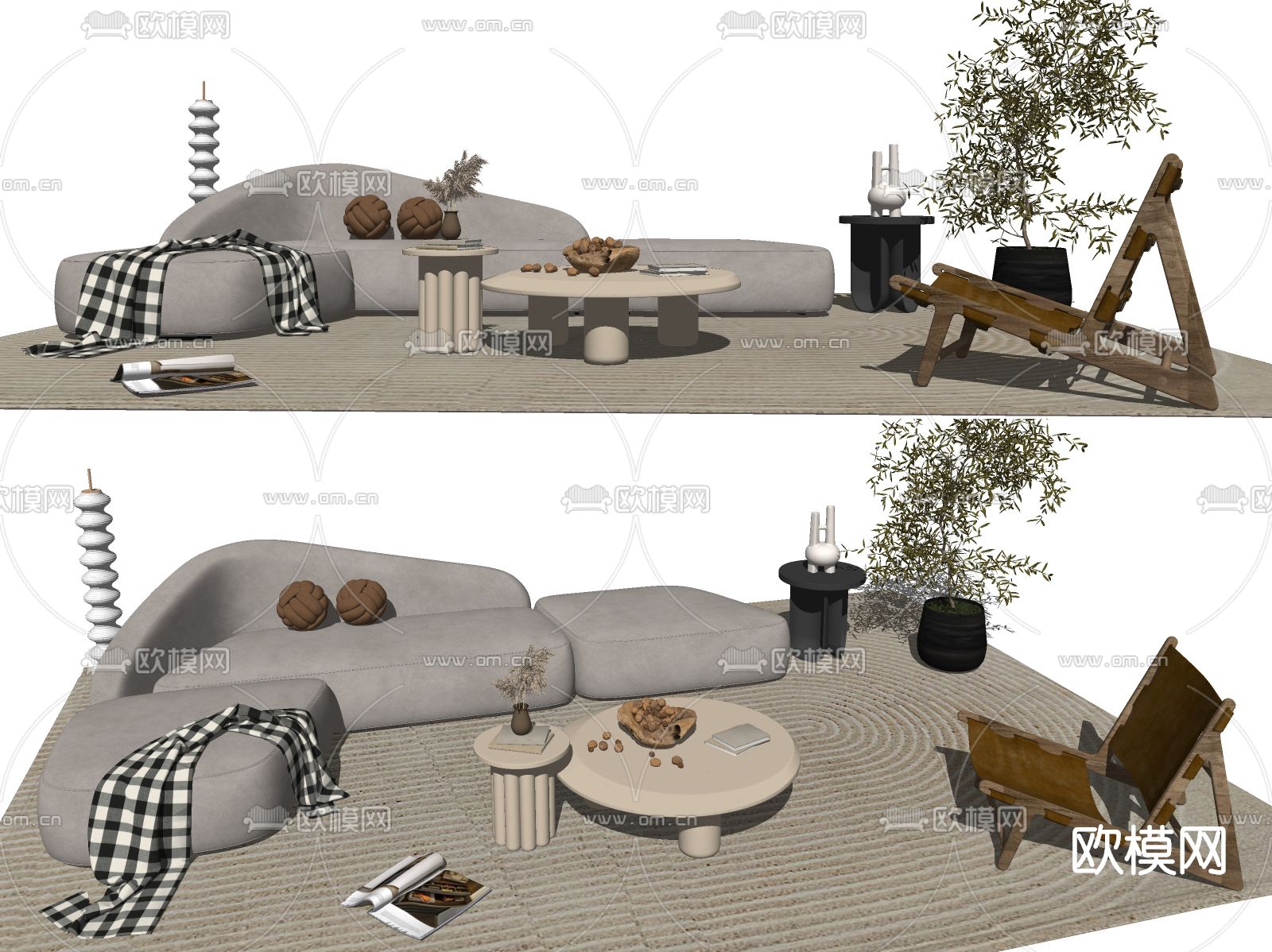 现代布艺沙发组合su模型下载（渲染图2）
