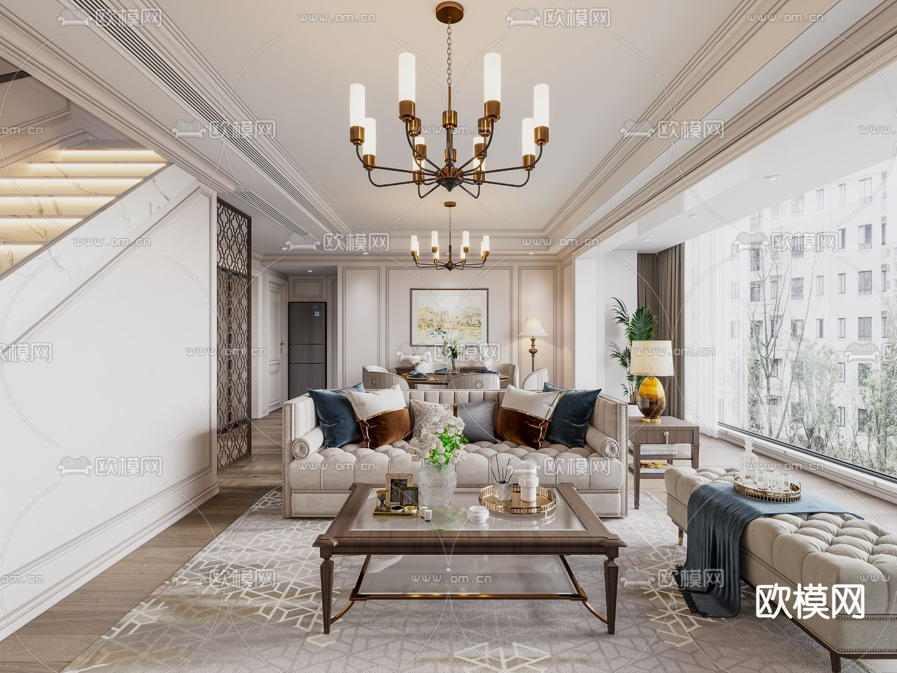 美式轻奢客厅餐厅3d模型下载（渲染图1）