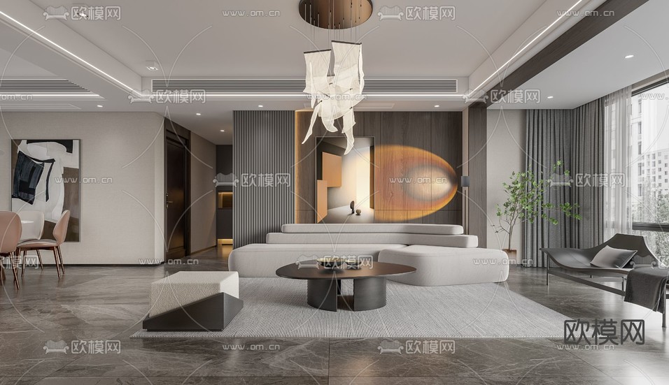 现代高级灰客厅餐厅3d模型下载(渲染图1)