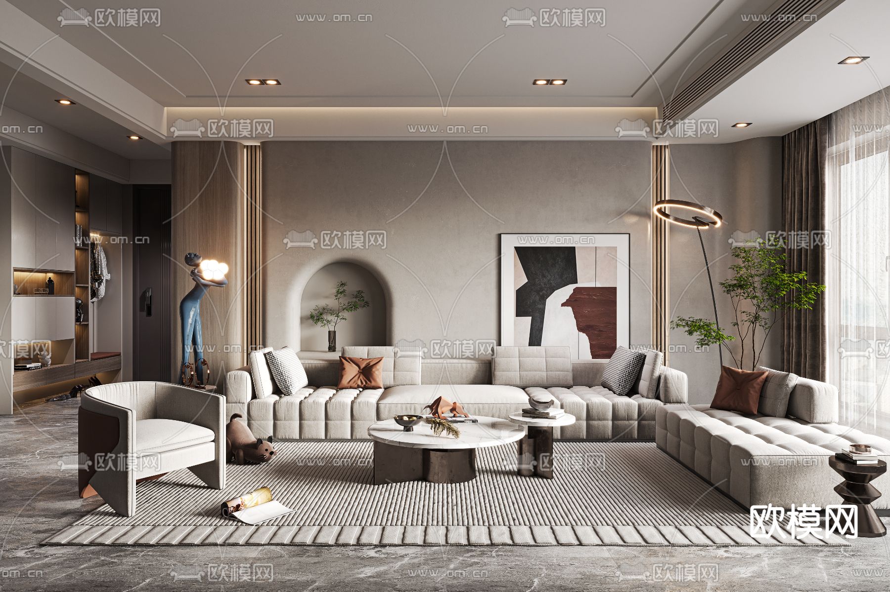 侘寂风布艺沙发组合3d模型下载（渲染图1）