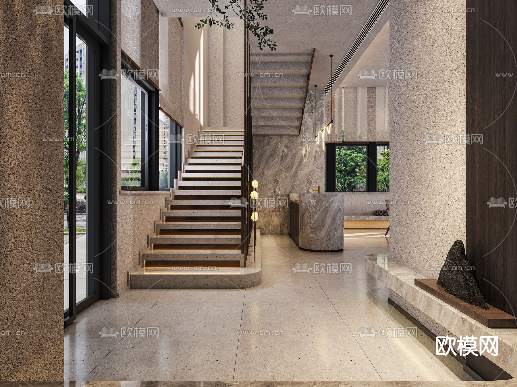 新中式接待大厅免费3d模型下载（渲染图3）