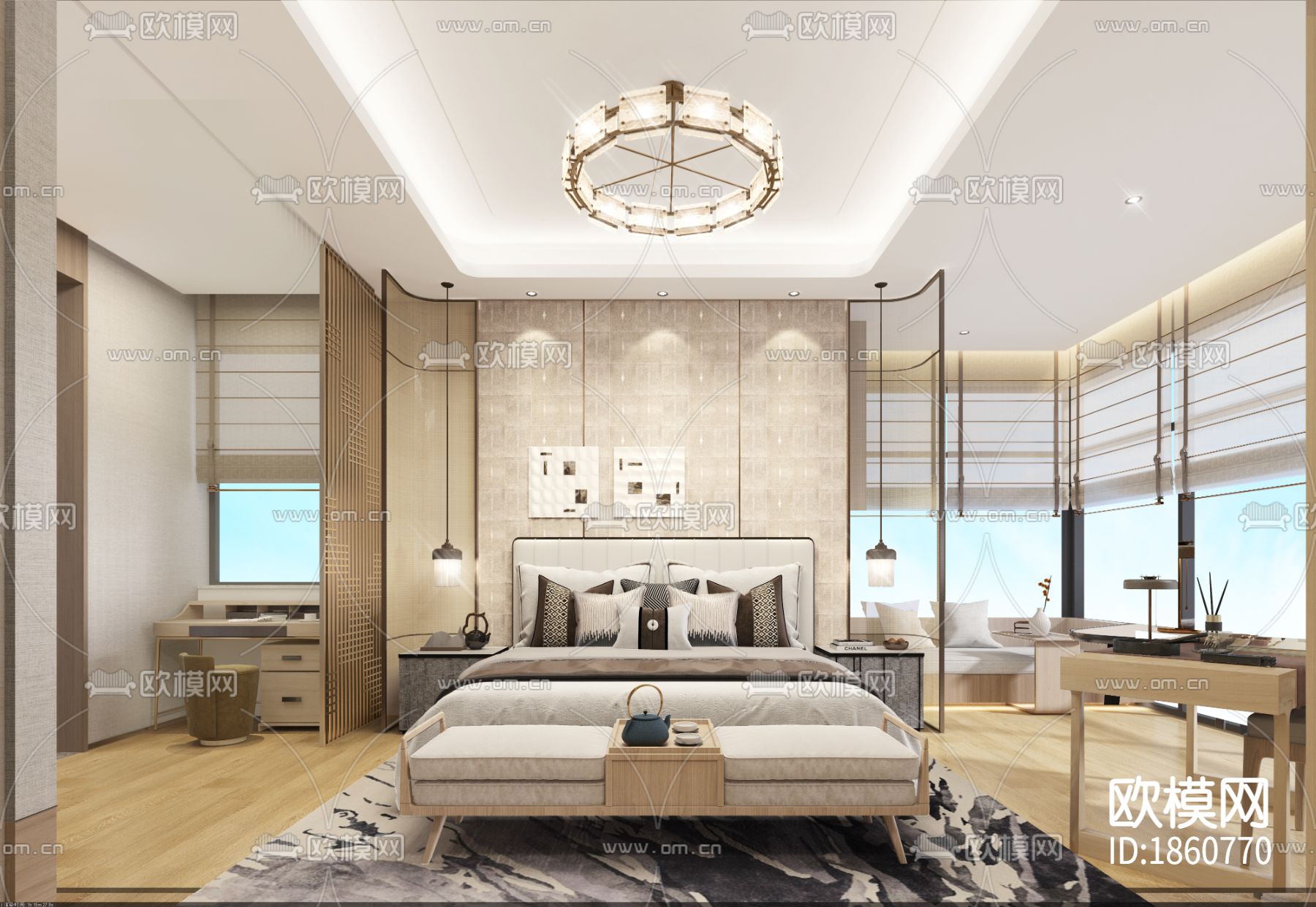 润和湘江天地大平层新中式样板间效果图+CAD施工图下载（渲染图5）