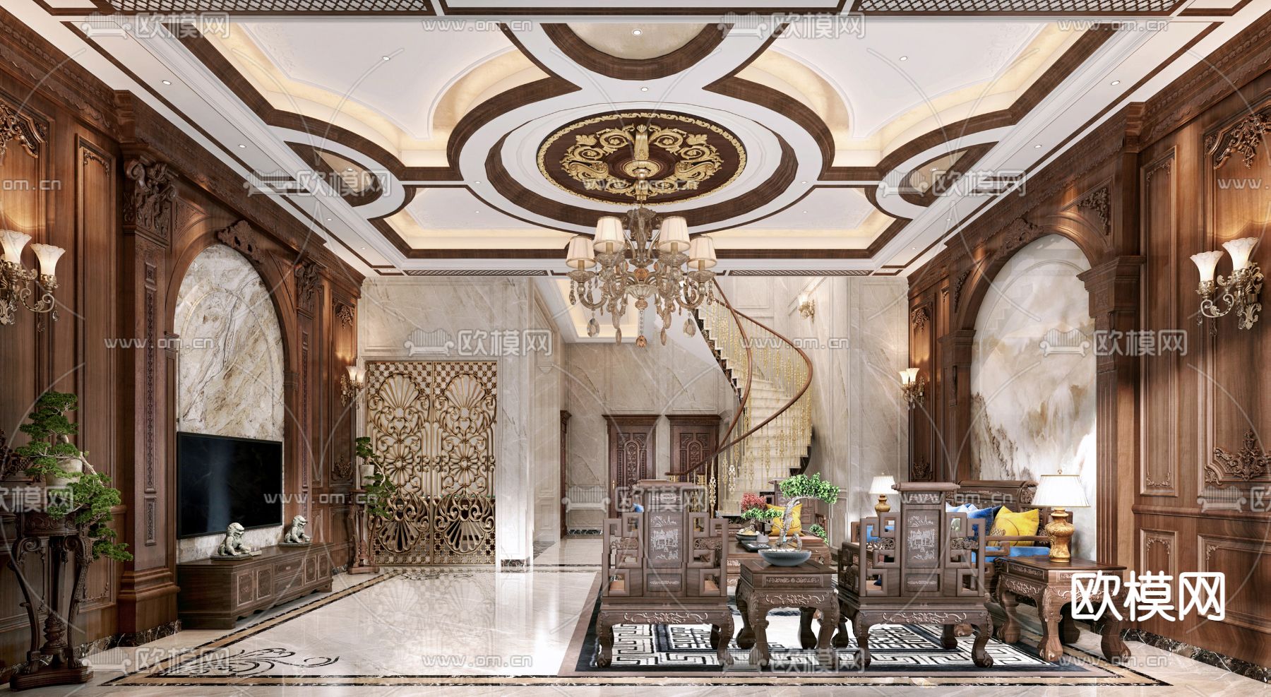欧式古代复式客厅3d模型下载（渲染图2）