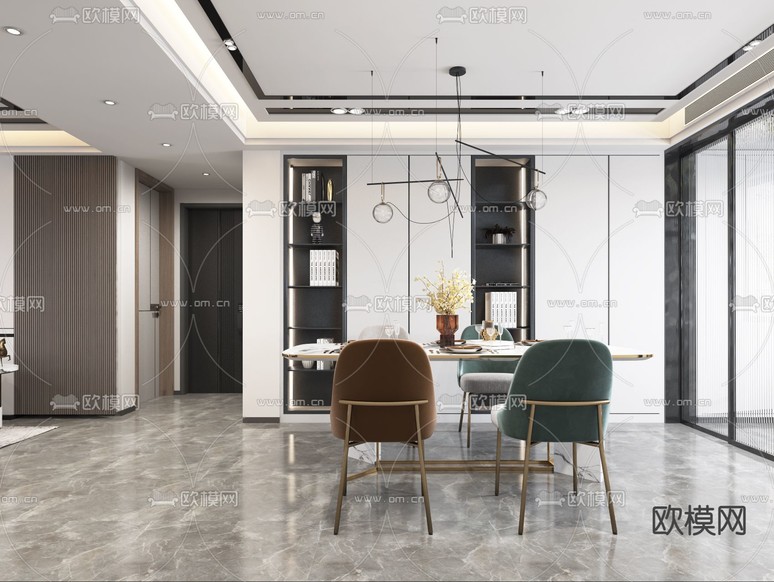 现代客厅餐厅3d模型下载(渲染图3)