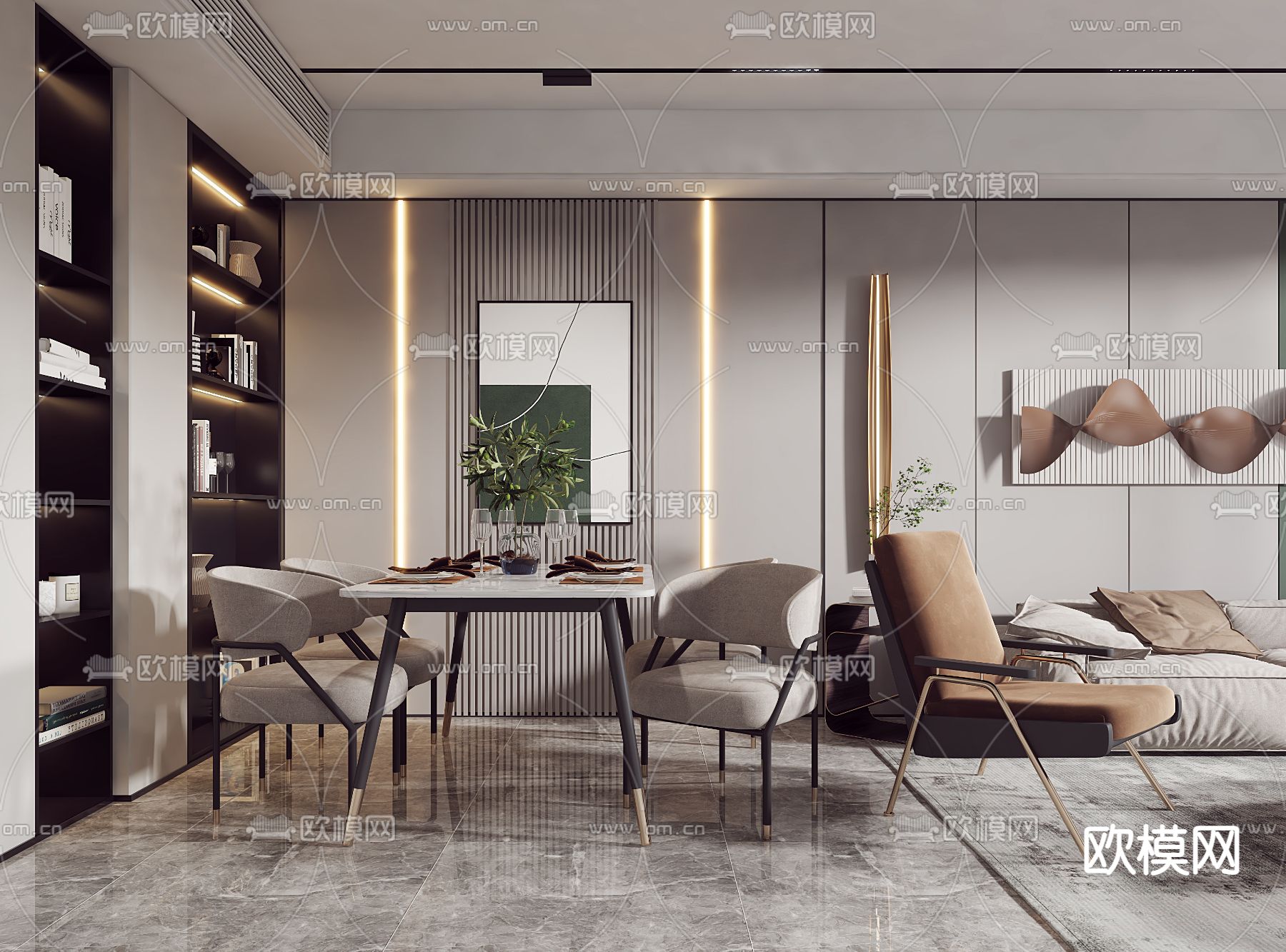 现代客厅餐厅3d模型下载（渲染图2）