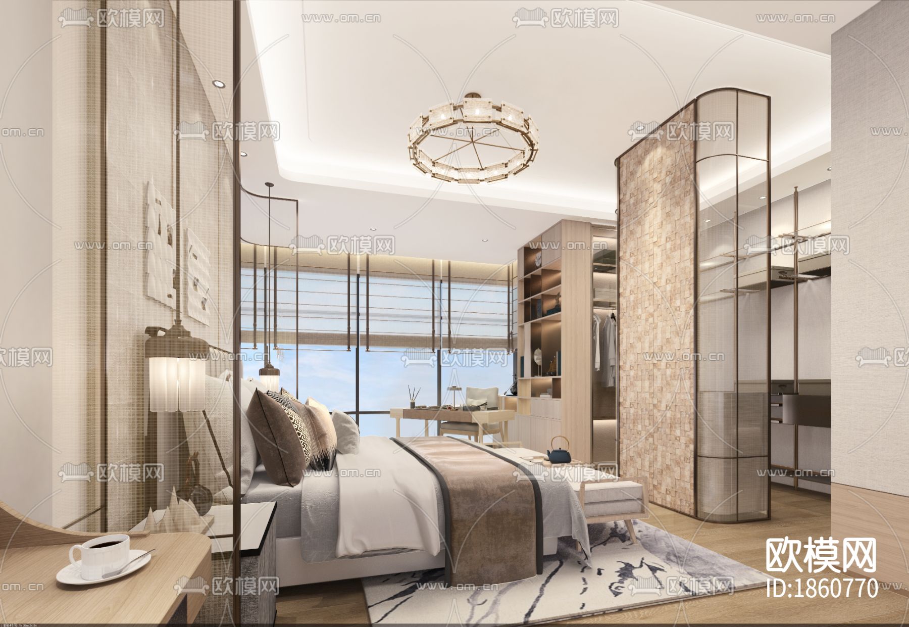 润和湘江天地大平层新中式样板间效果图+CAD施工图下载（渲染图3）