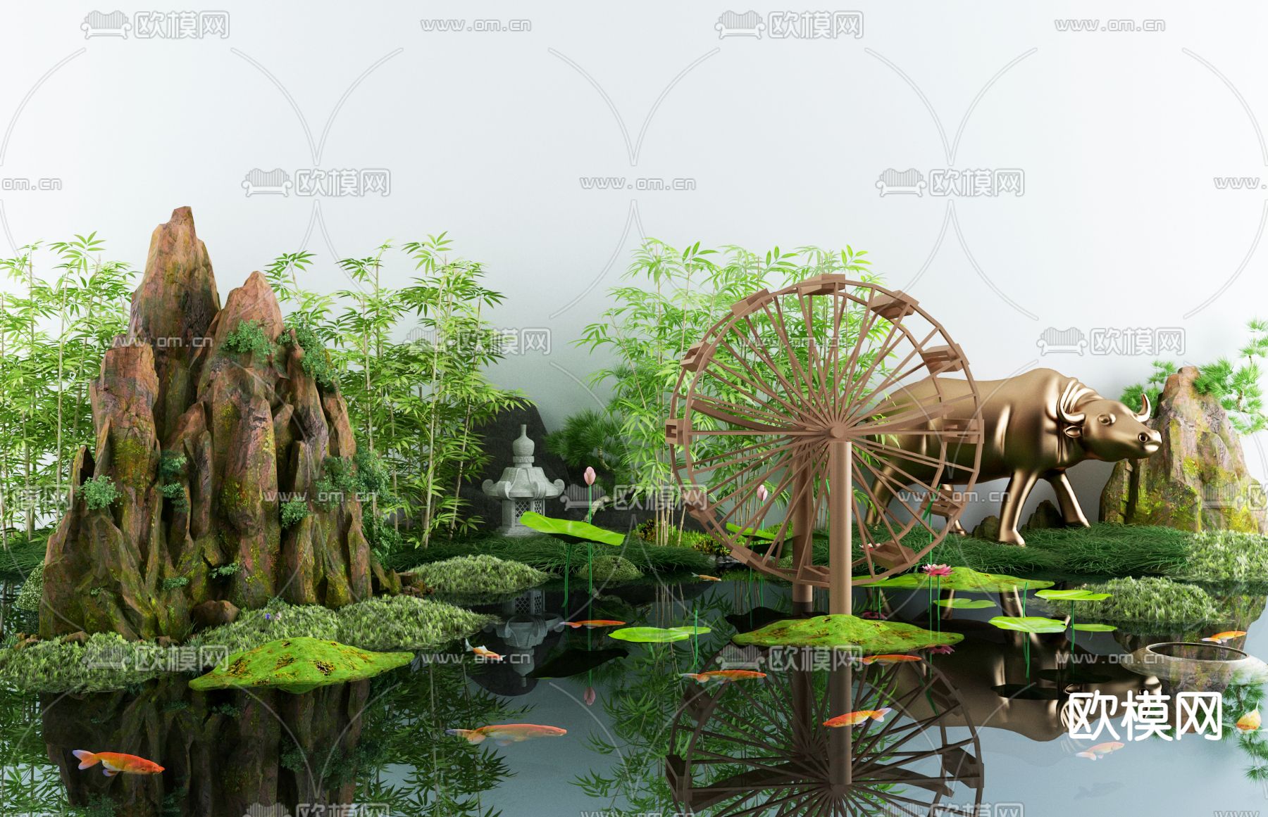新中式假山鲤鱼池小品3d模型下载