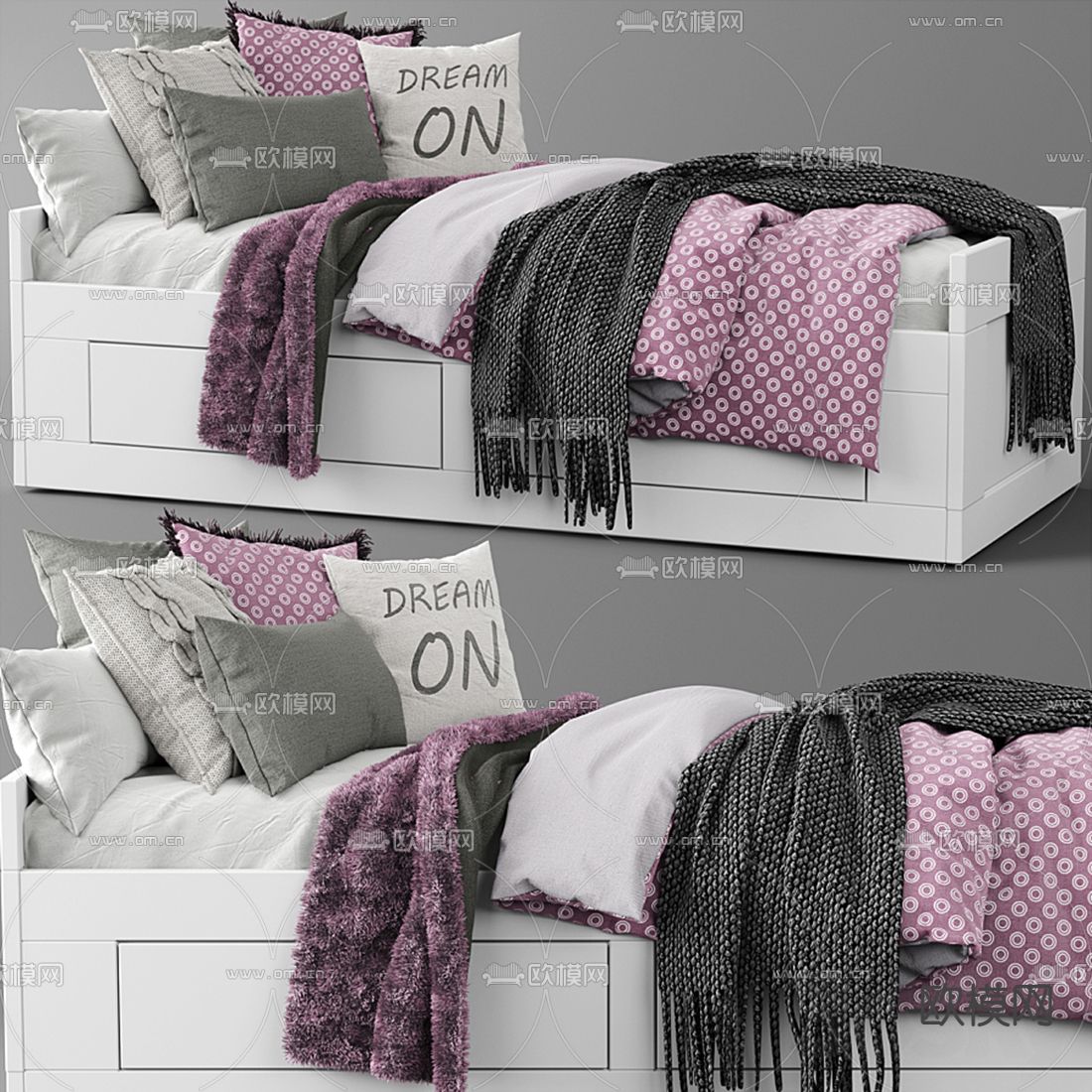 现代布艺单人床3d模型下载