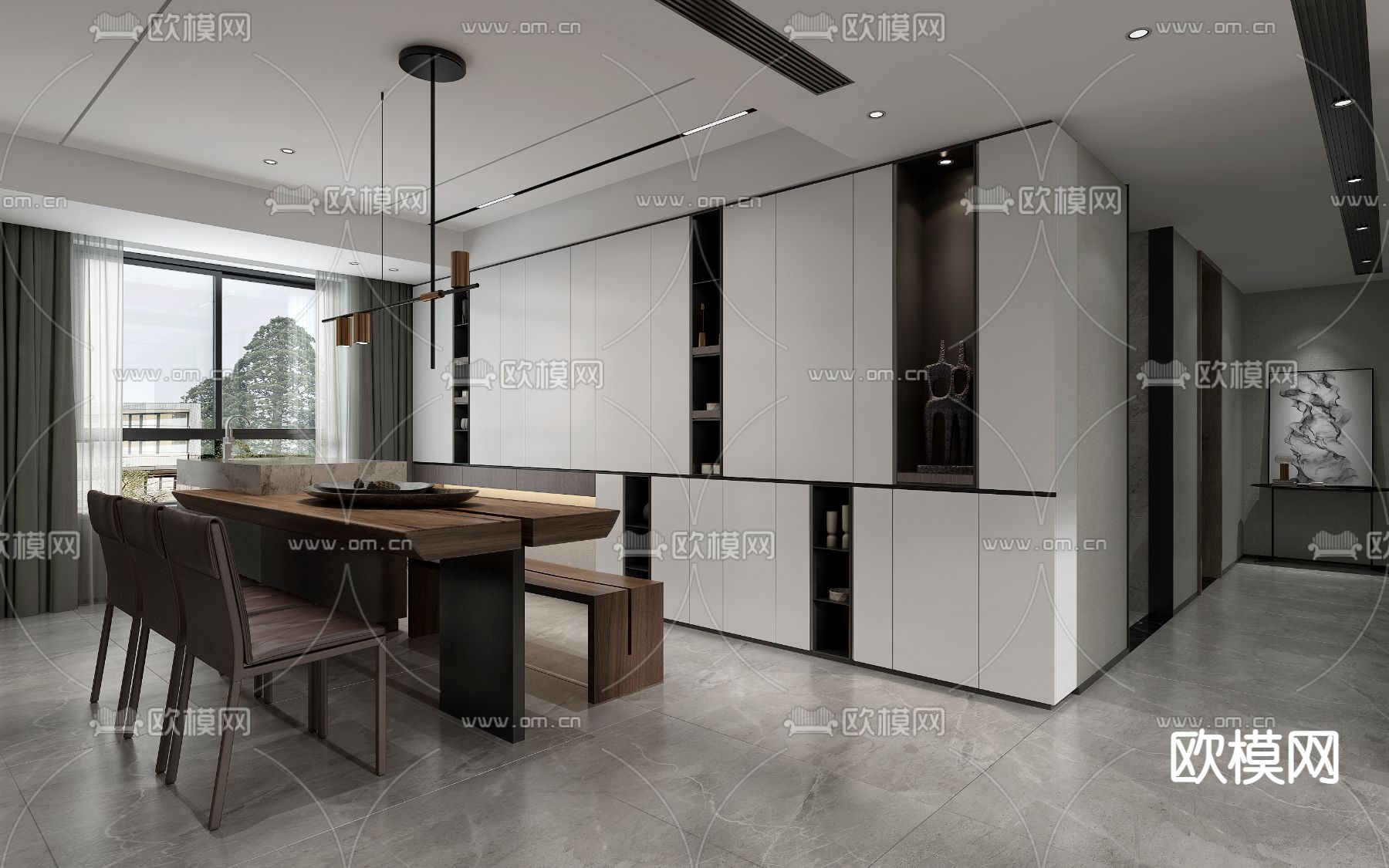 现代客厅餐厅免费3d模型下载（渲染图3）