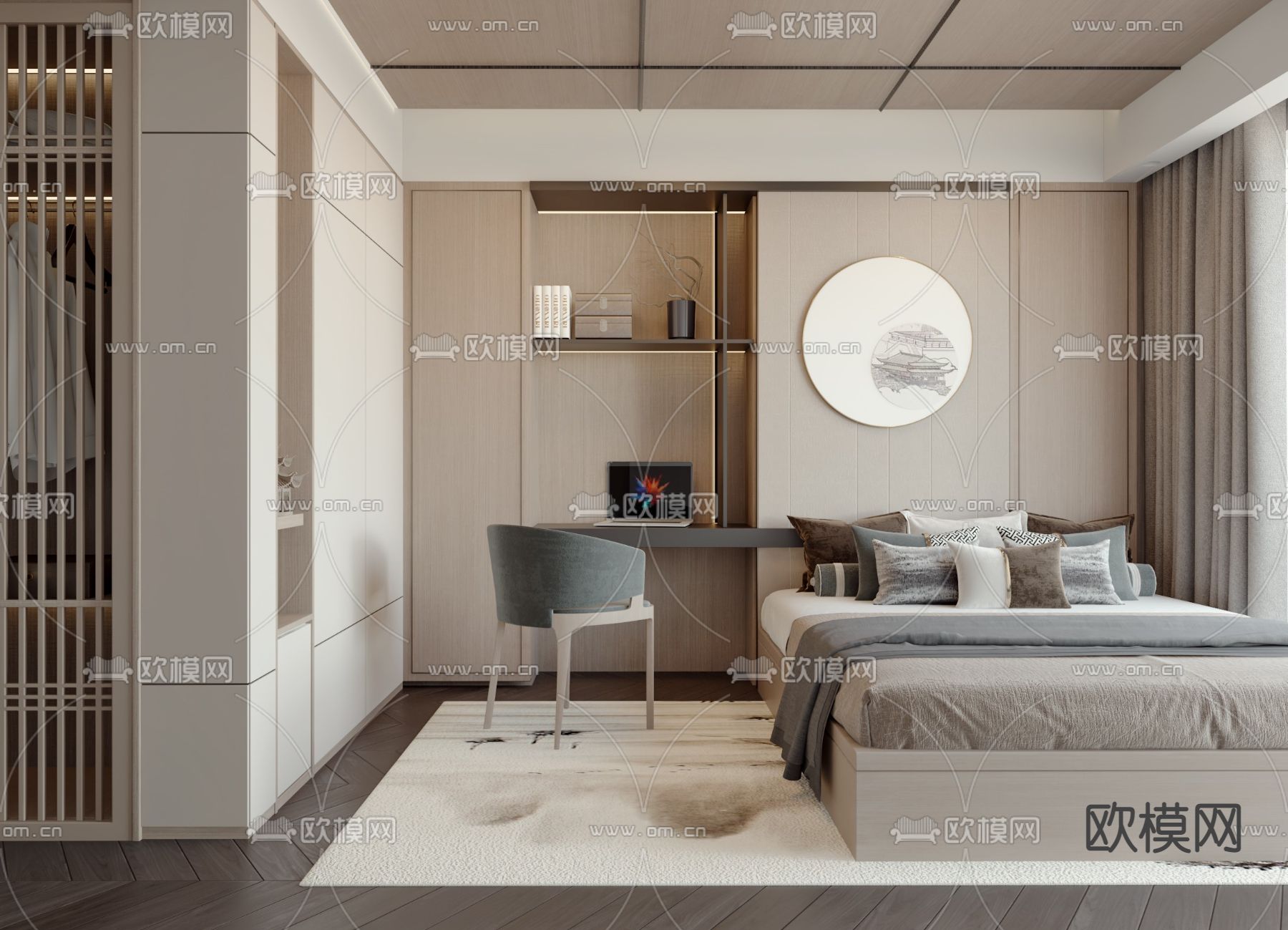 新中式榻榻米卧室3d模型下载