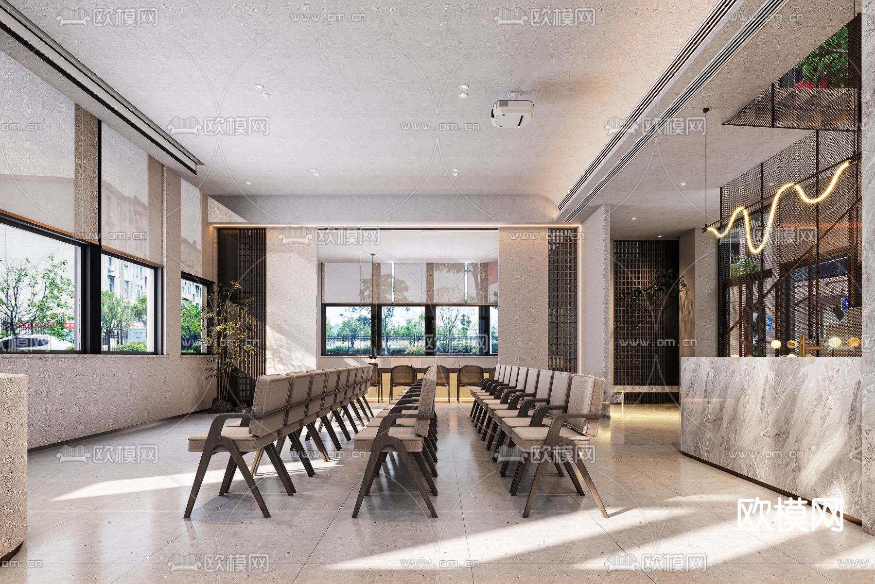 新中式接待大厅免费3d模型下载（渲染图4）