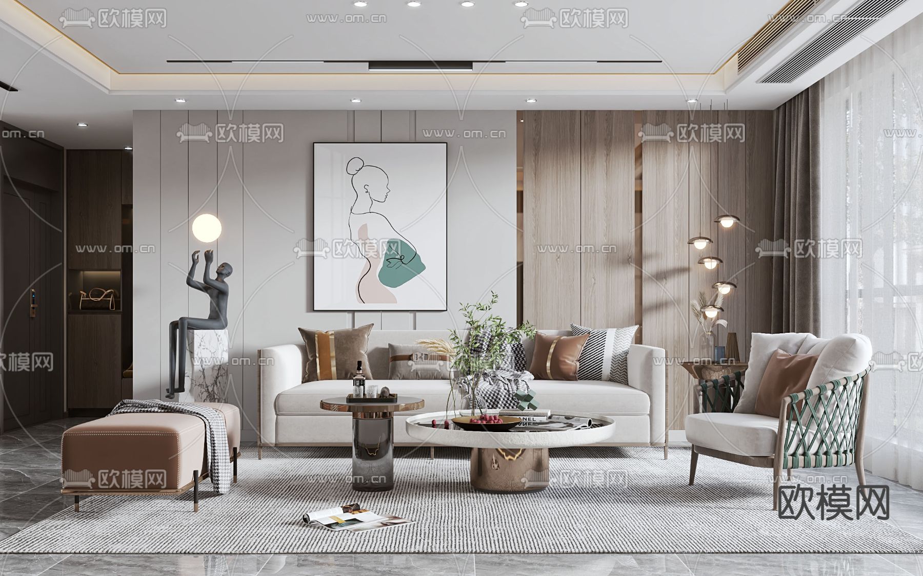现代轻奢客厅3d模型下载（渲染图1）