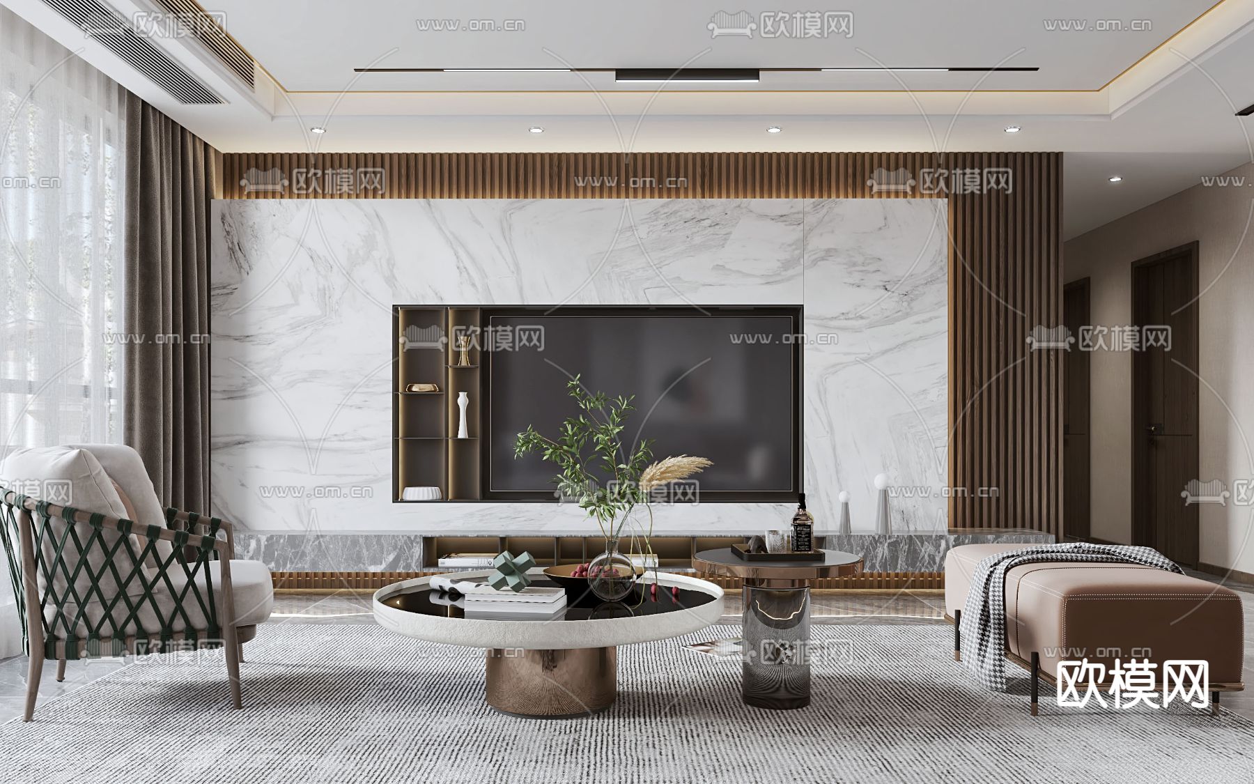 现代轻奢客厅3d模型下载（渲染图2）