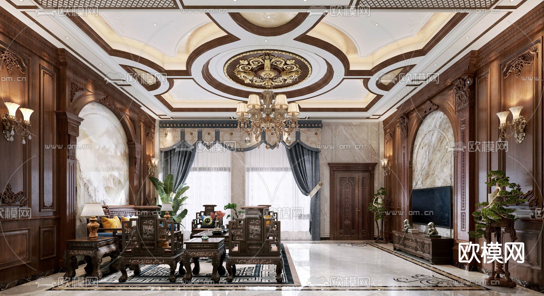 欧式古代复式客厅3d模型下载（渲染图1）