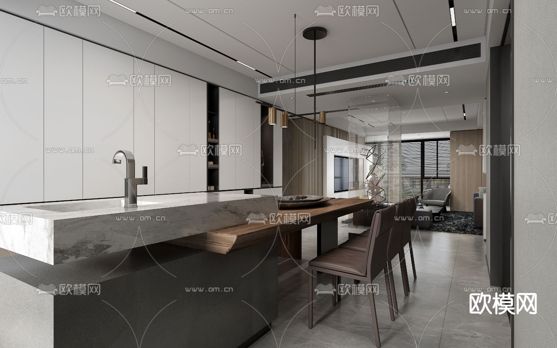 现代客厅餐厅免费3d模型下载（渲染图4）
