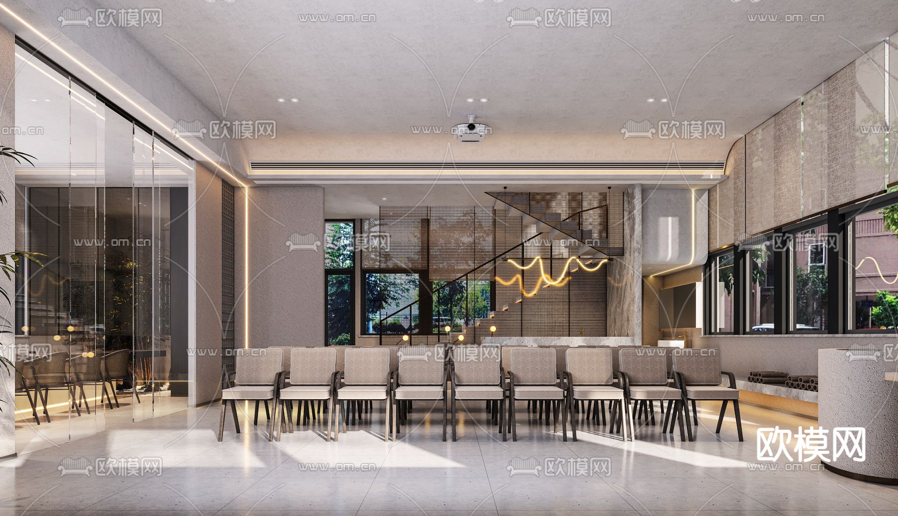 新中式接待大厅免费3d模型下载（渲染图2）