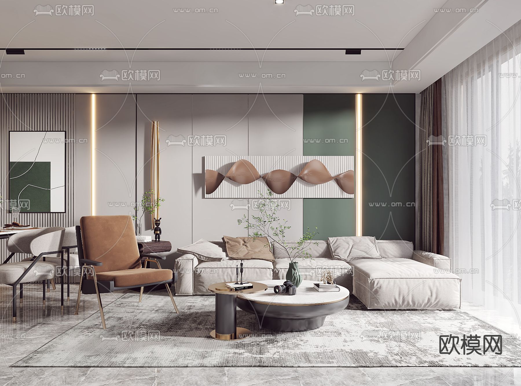 现代客厅餐厅3d模型下载（渲染图1）