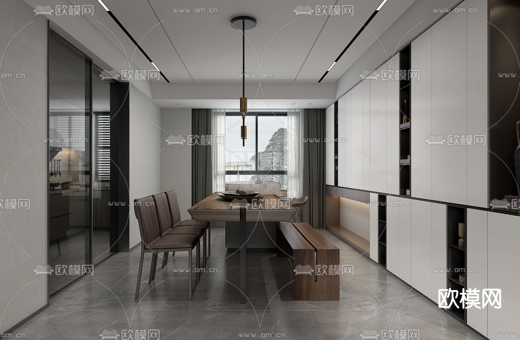 现代客厅餐厅免费3d模型下载（渲染图2）