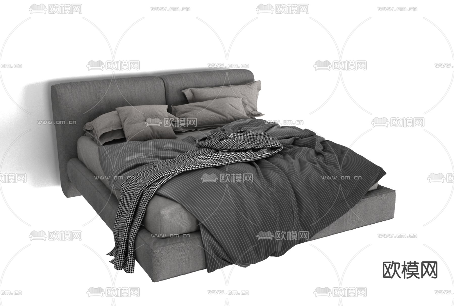 现代布艺双人床免费3d模型下载