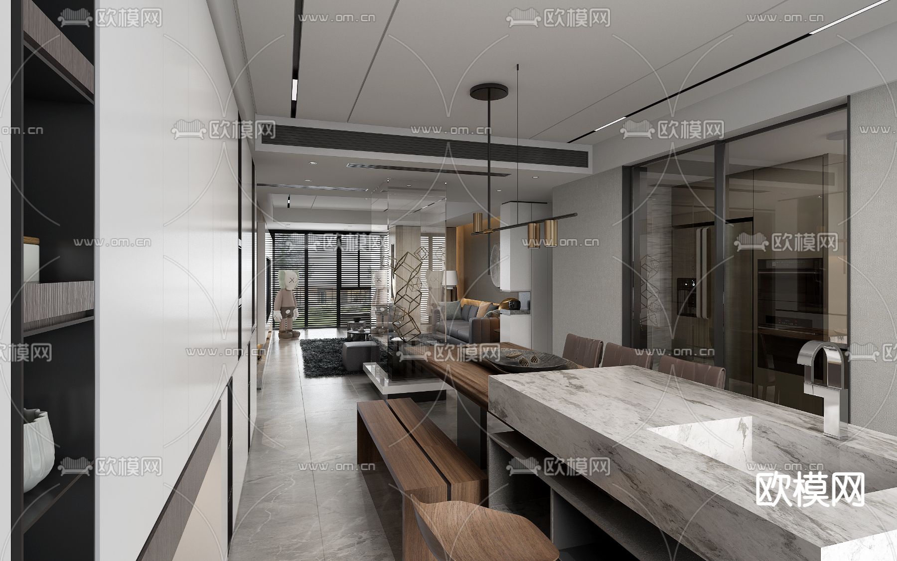 现代客厅餐厅免费3d模型下载（渲染图7）