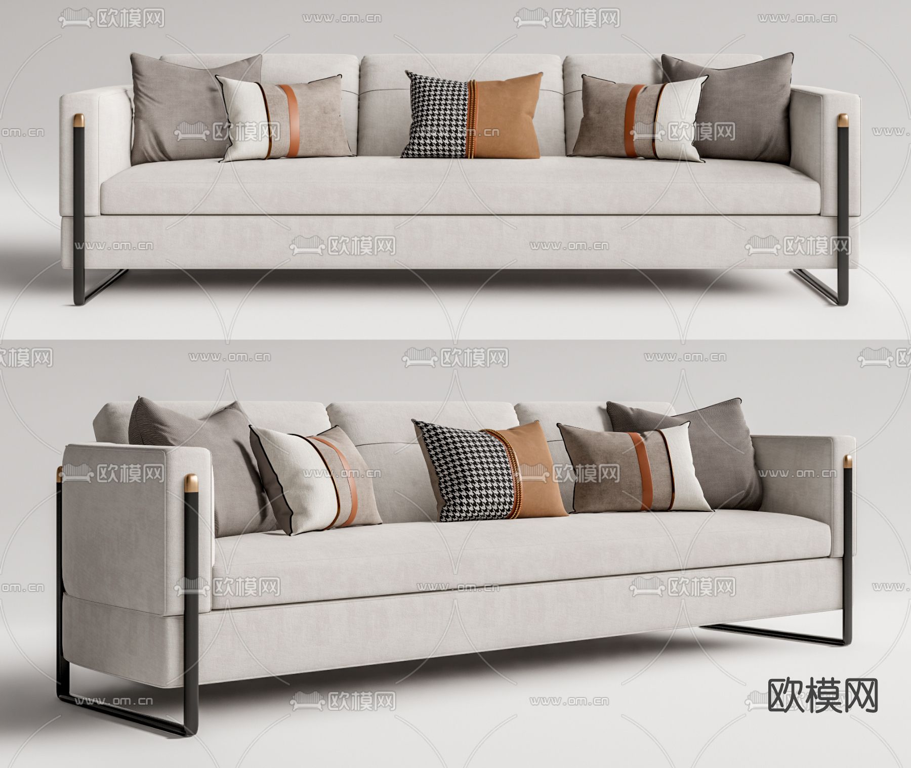 新中式布艺多人沙发su模型下载（渲染图1）