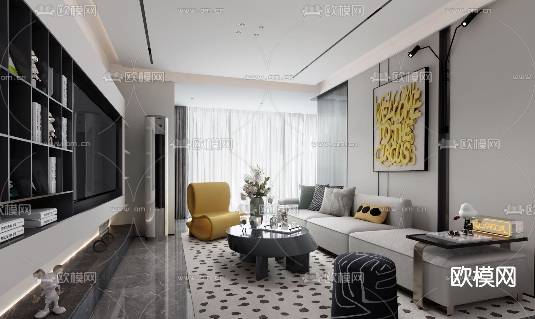 德方圆设计 现代客厅3d模型下载（渲染图1）