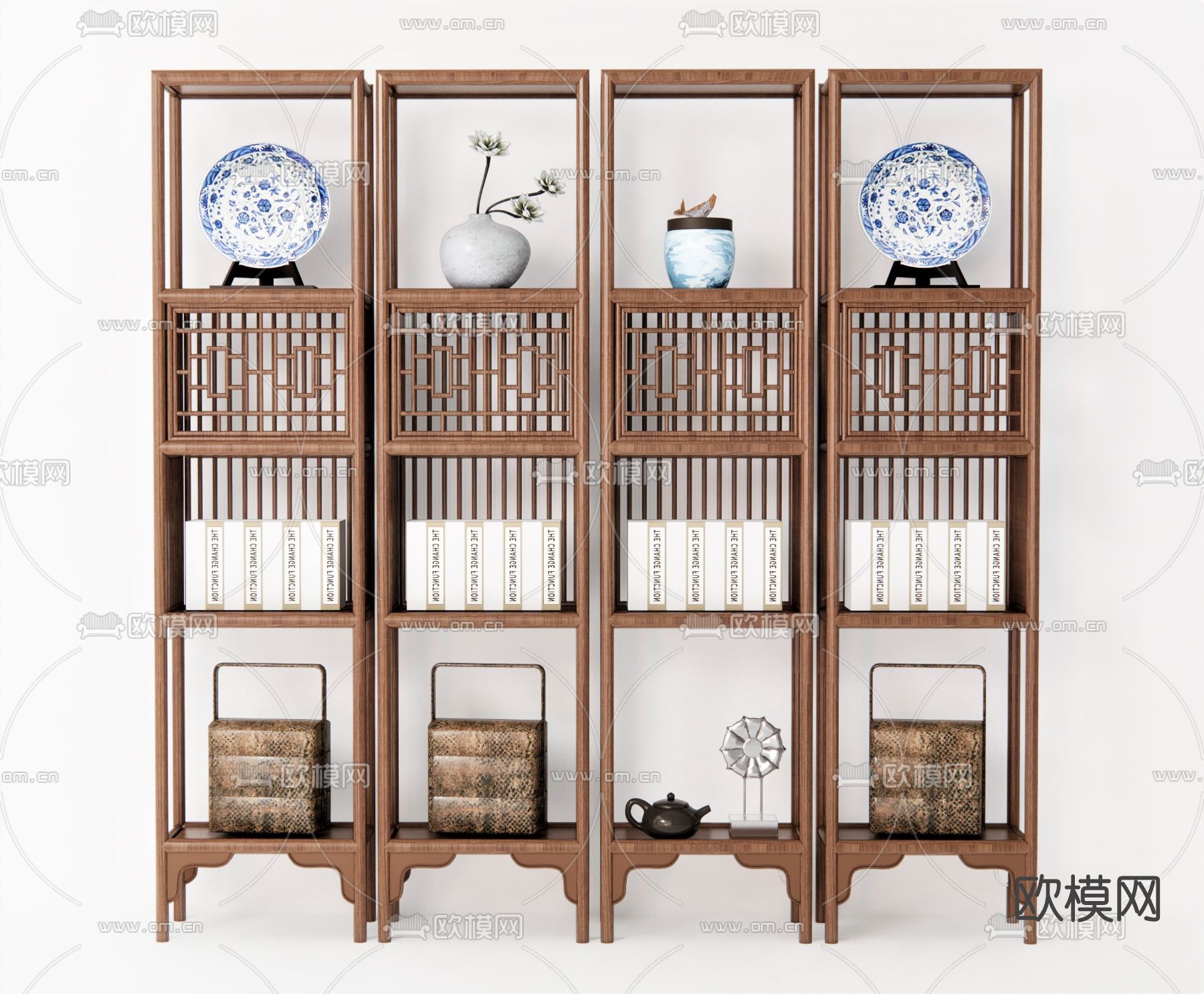 新中式实木博古架su模型下载（渲染图1）